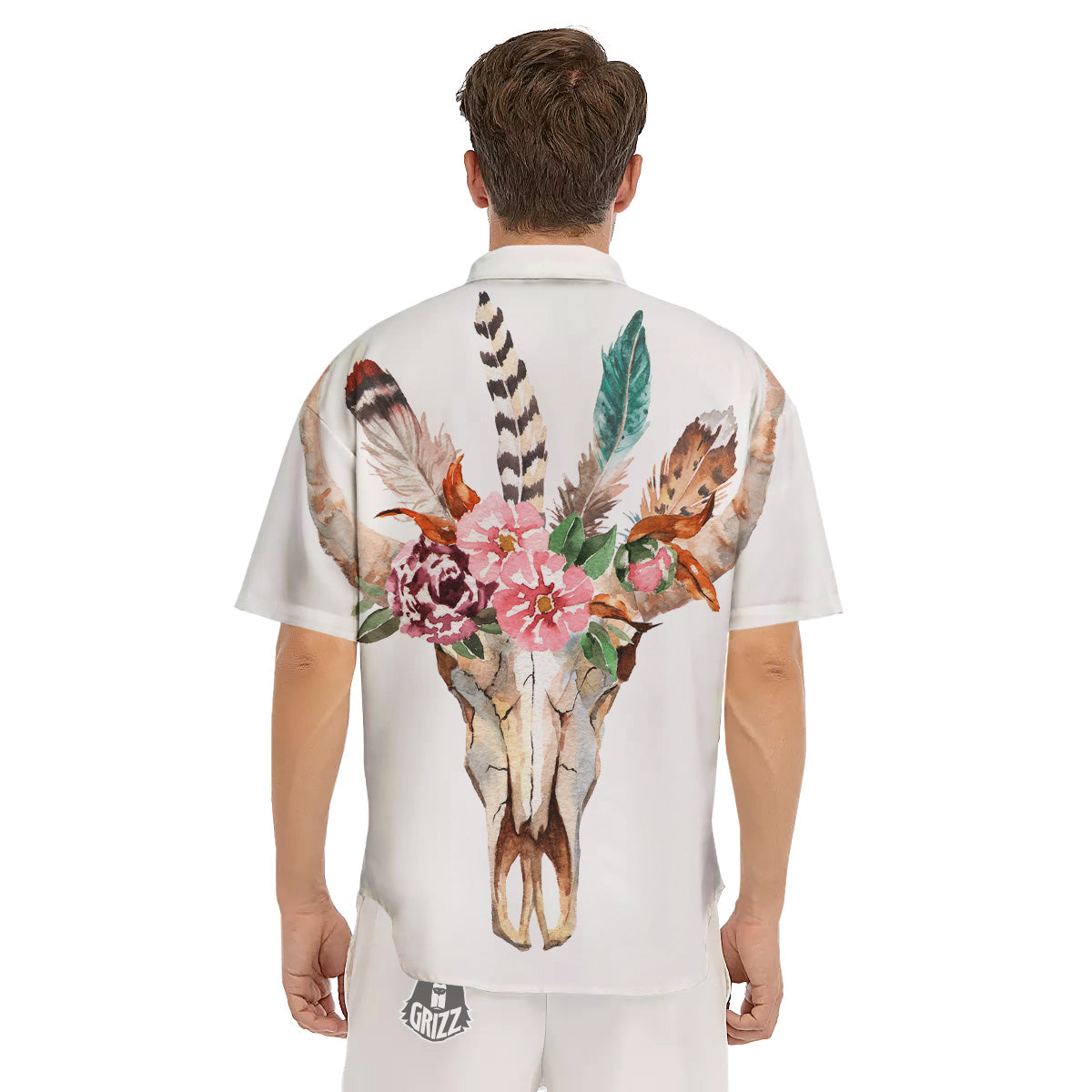 Deer Skull Boho Floral Print Men's Short Sleeve Shirts-grizzshop