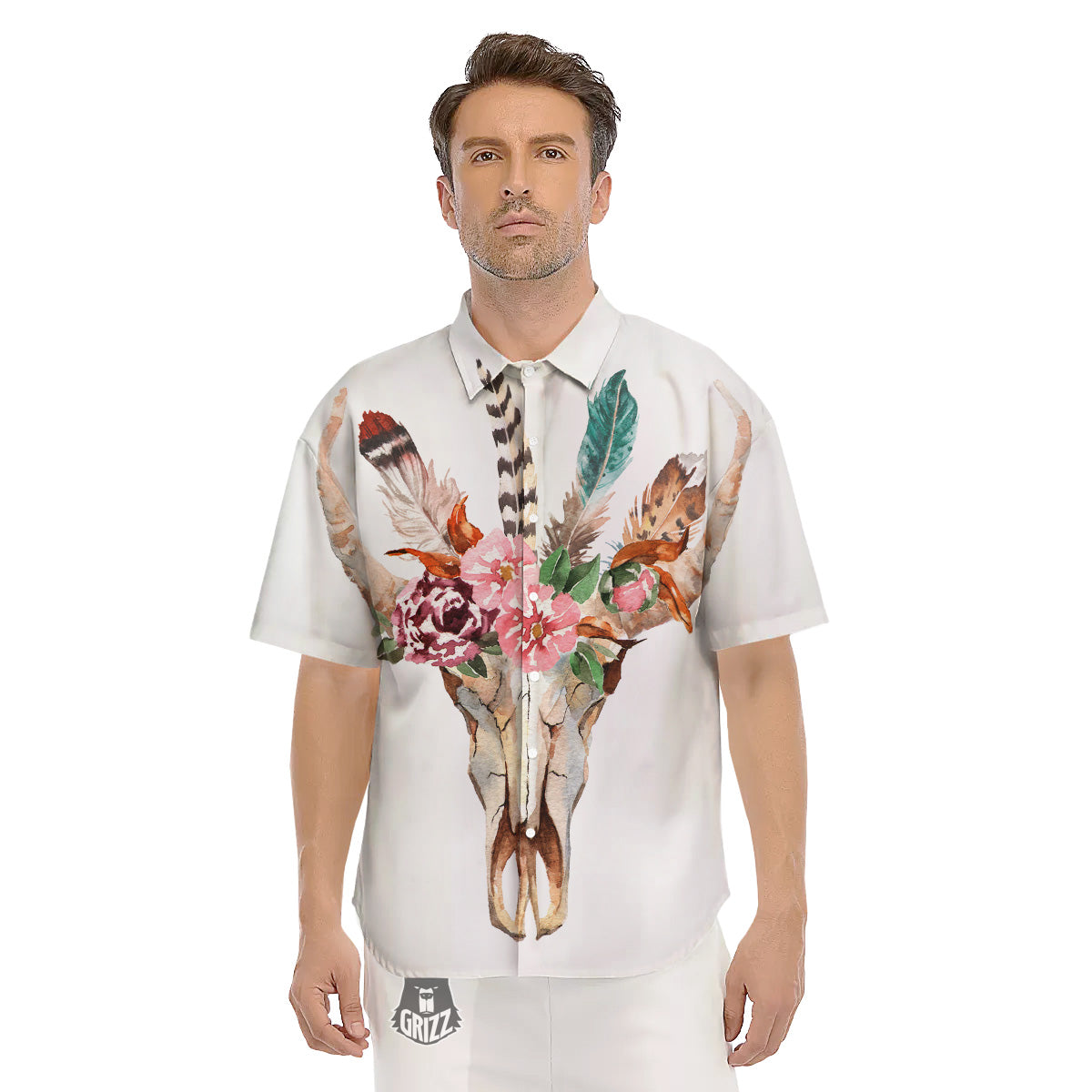 Deer Skull Boho Floral Print Men's Short Sleeve Shirts-grizzshop