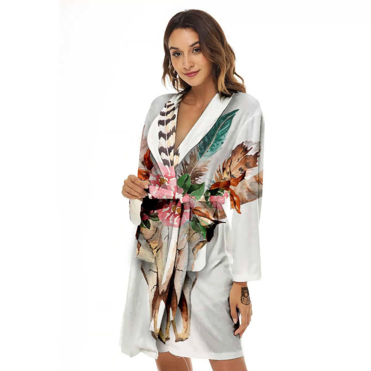 Deer Skull Boho Floral Print Women's Robe-grizzshop