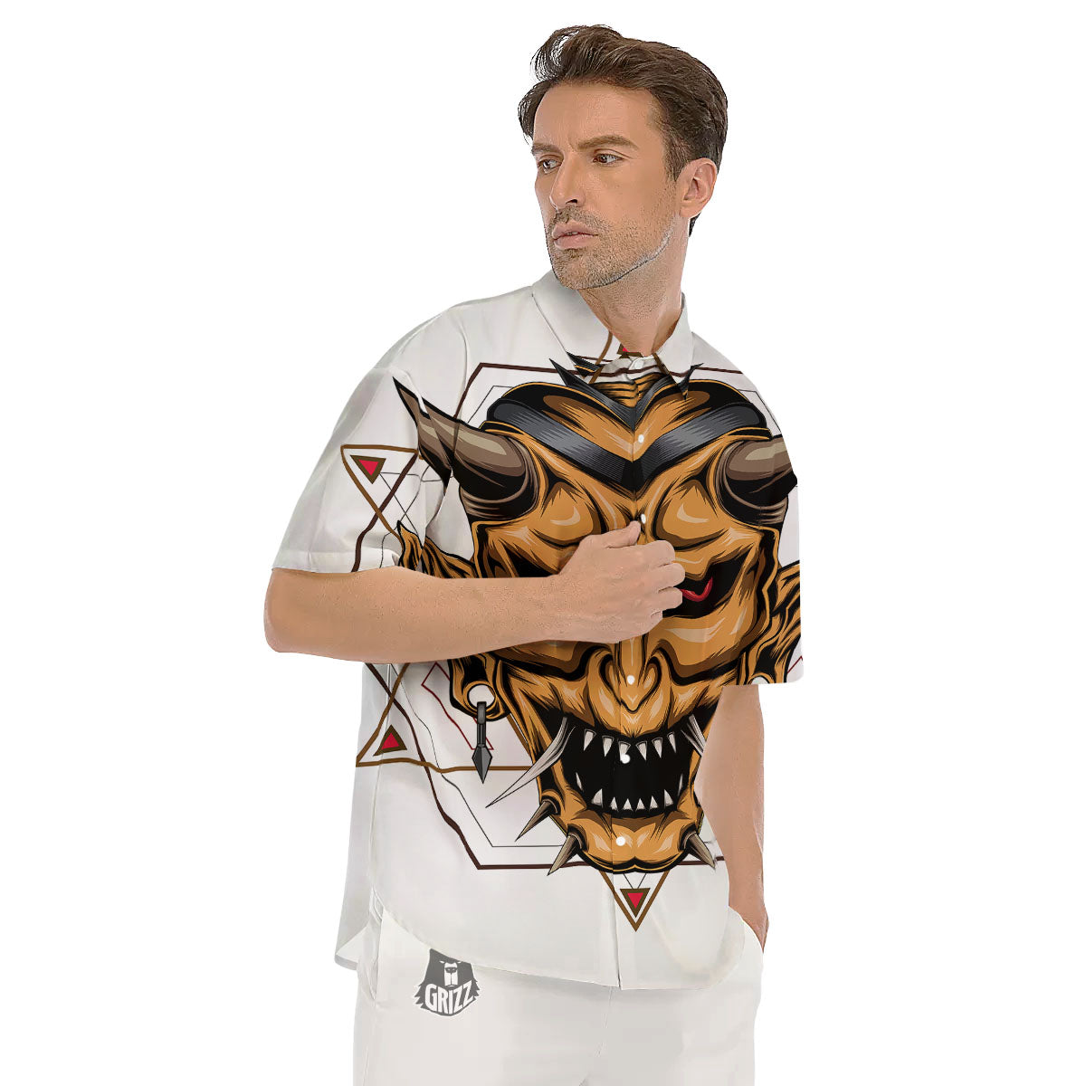 Demon Geometric Japanese Print Men's Short Sleeve Shirts-grizzshop