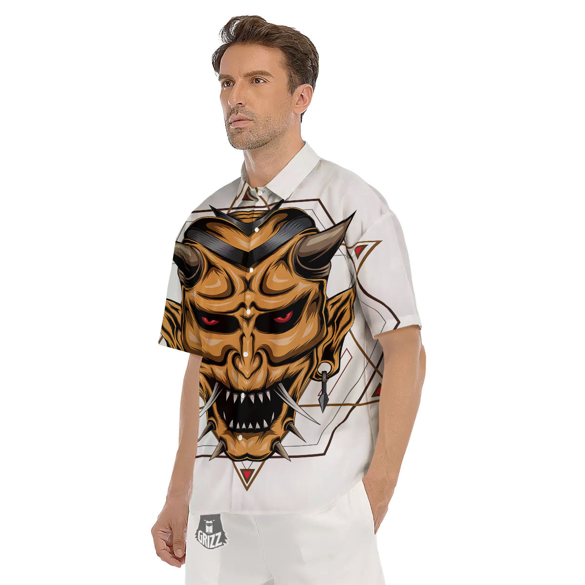 Demon Geometric Japanese Print Men's Short Sleeve Shirts-grizzshop