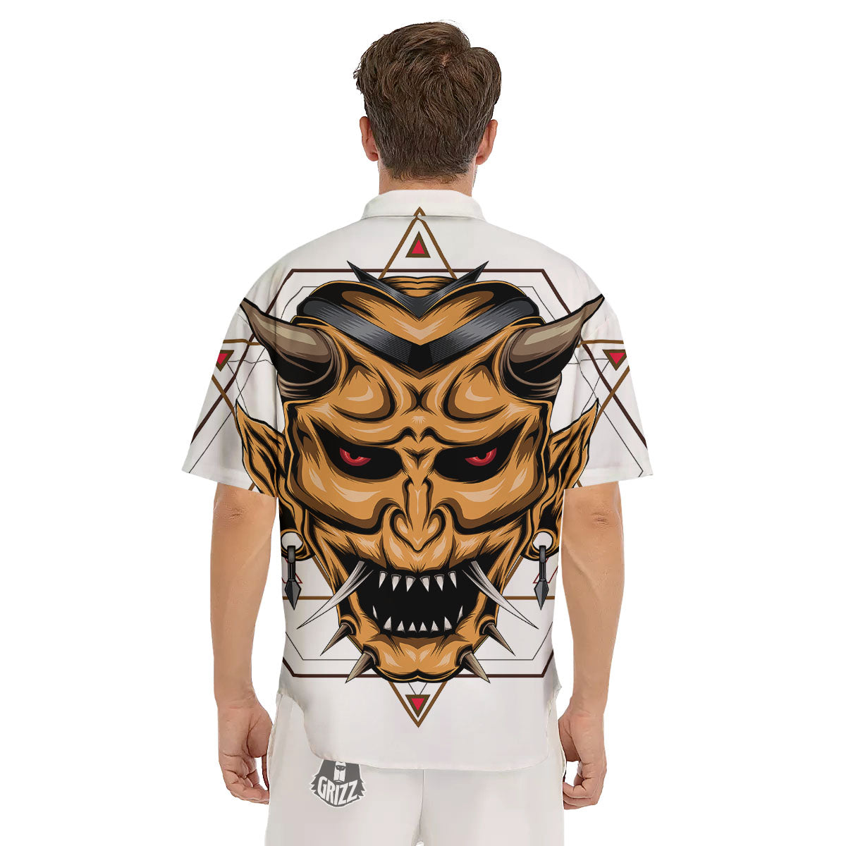 Demon Geometric Japanese Print Men's Short Sleeve Shirts-grizzshop