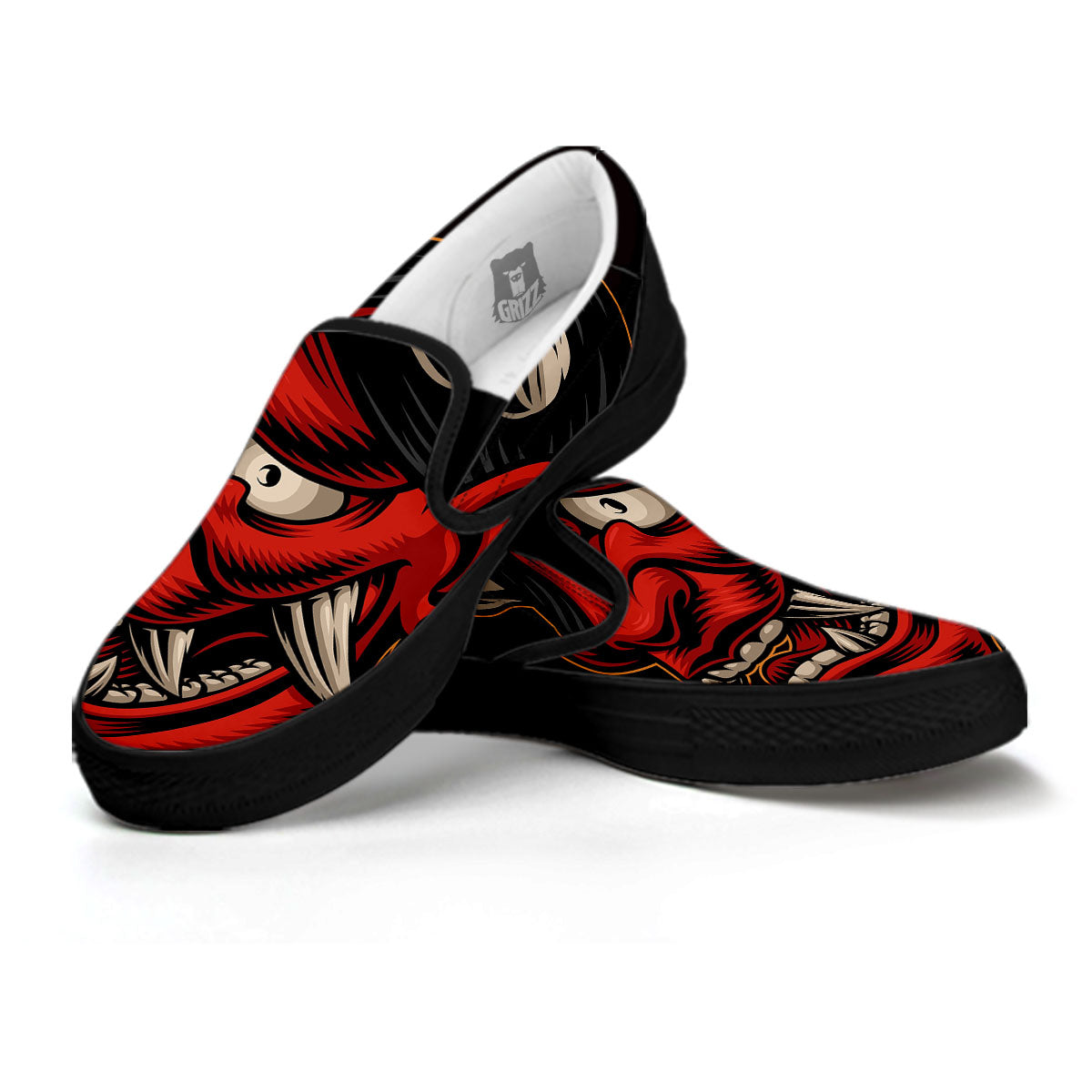 Demon Japanese Print Black Slip On Shoes-grizzshop
