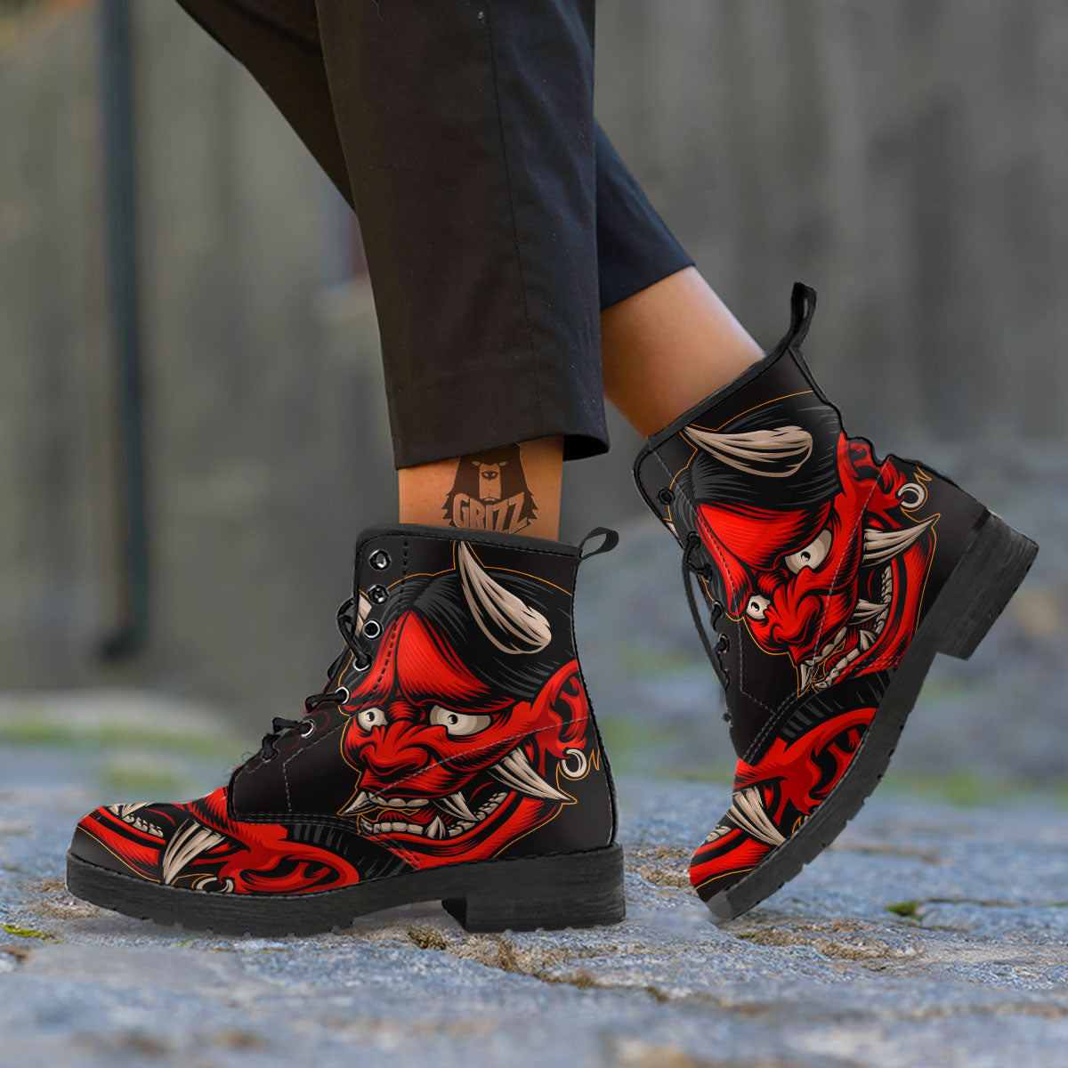 Demon Japanese Print Leather Boots-grizzshop
