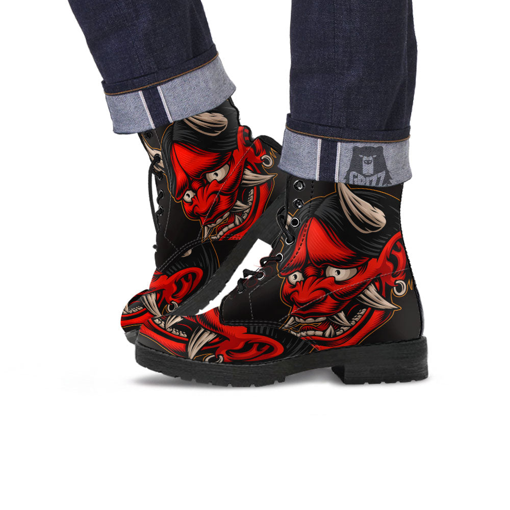 Demon Japanese Print Leather Boots-grizzshop