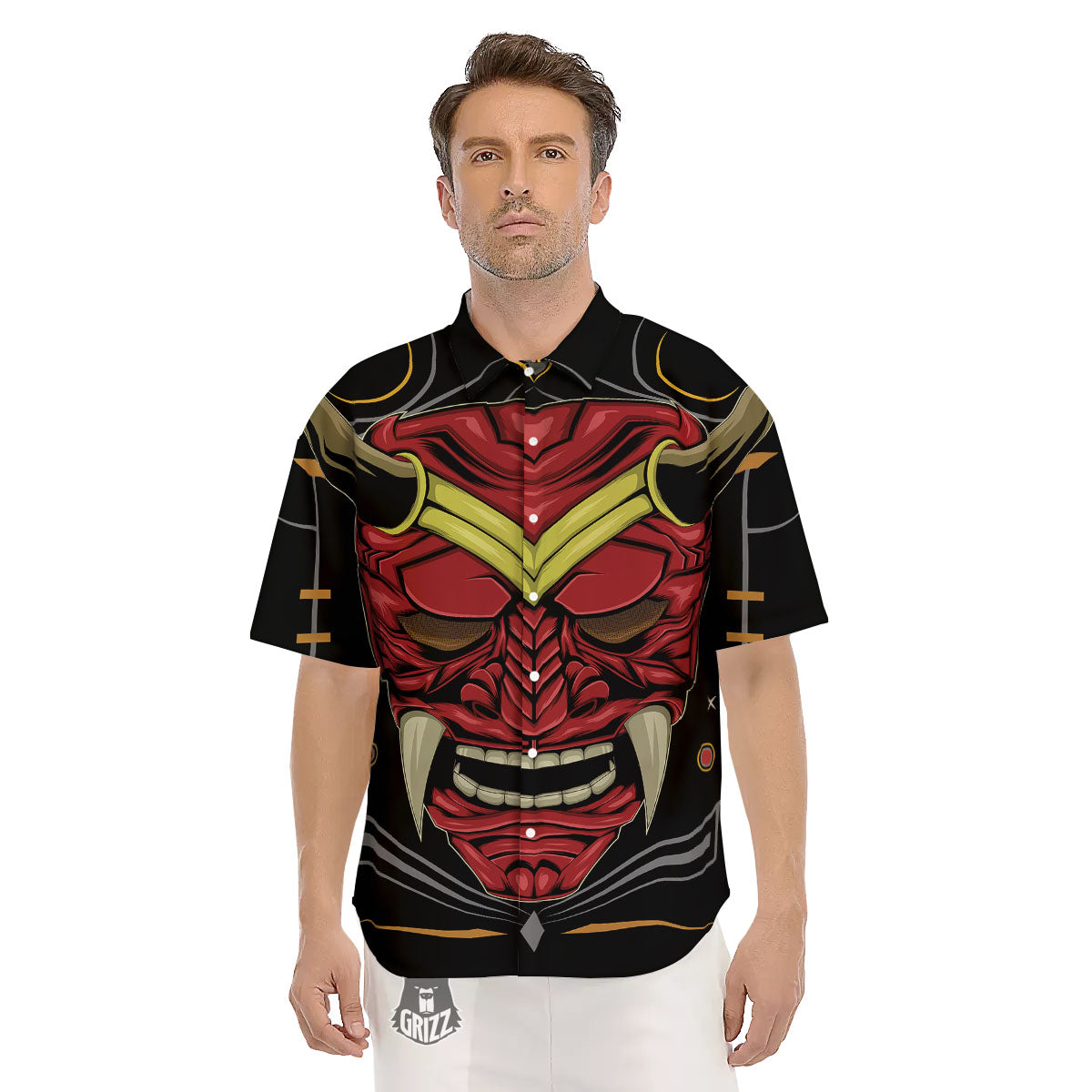 Demon Mask Red Japanese Print Men's Short Sleeve Shirts-grizzshop