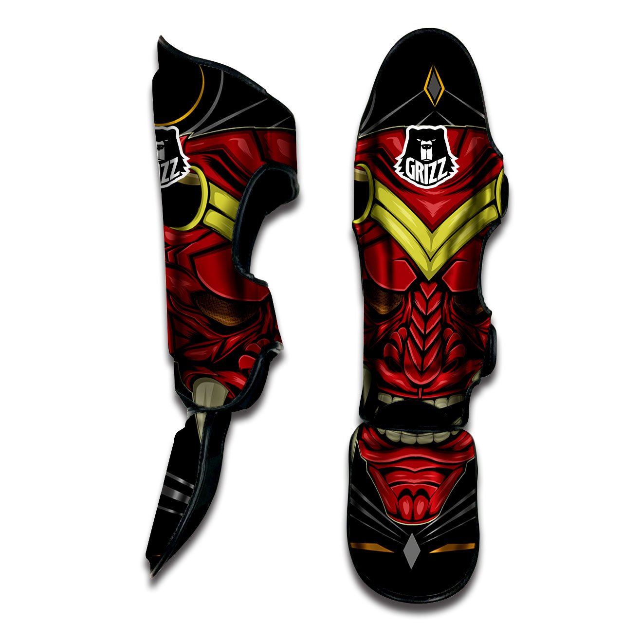 Demon Mask Red Japanese Print Muay Thai Shin Guards-grizzshop