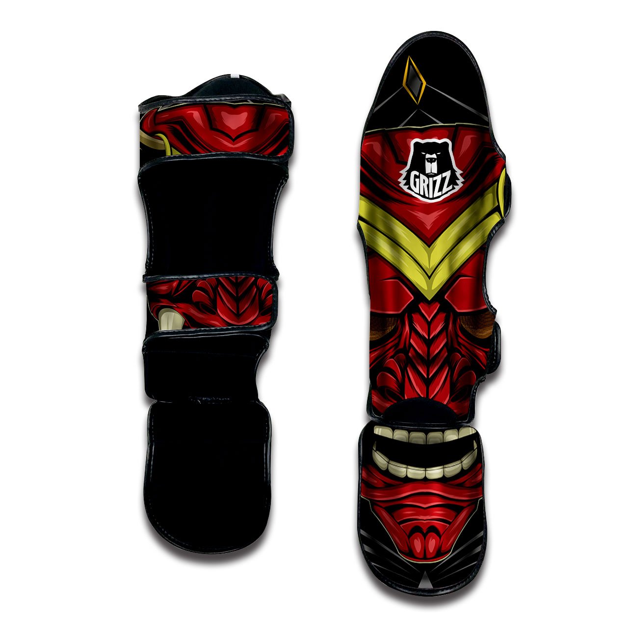 Demon Mask Red Japanese Print Muay Thai Shin Guards-grizzshop