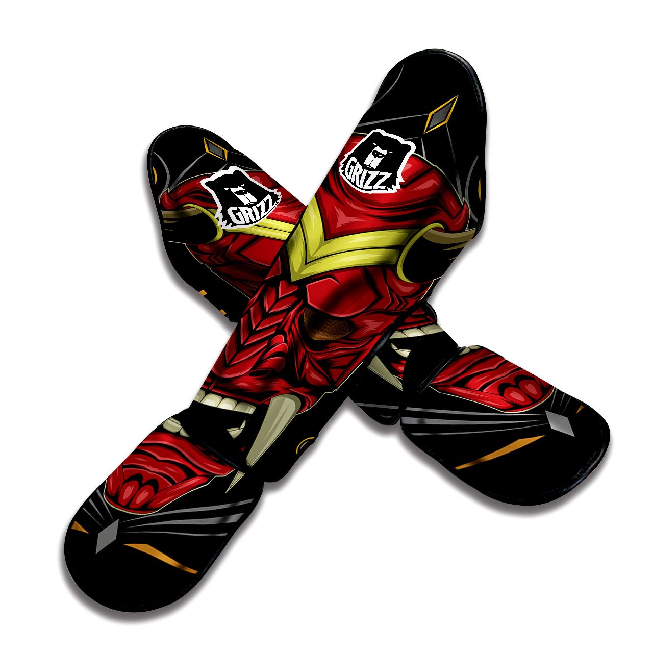 Demon Mask Red Japanese Print Muay Thai Shin Guards-grizzshop