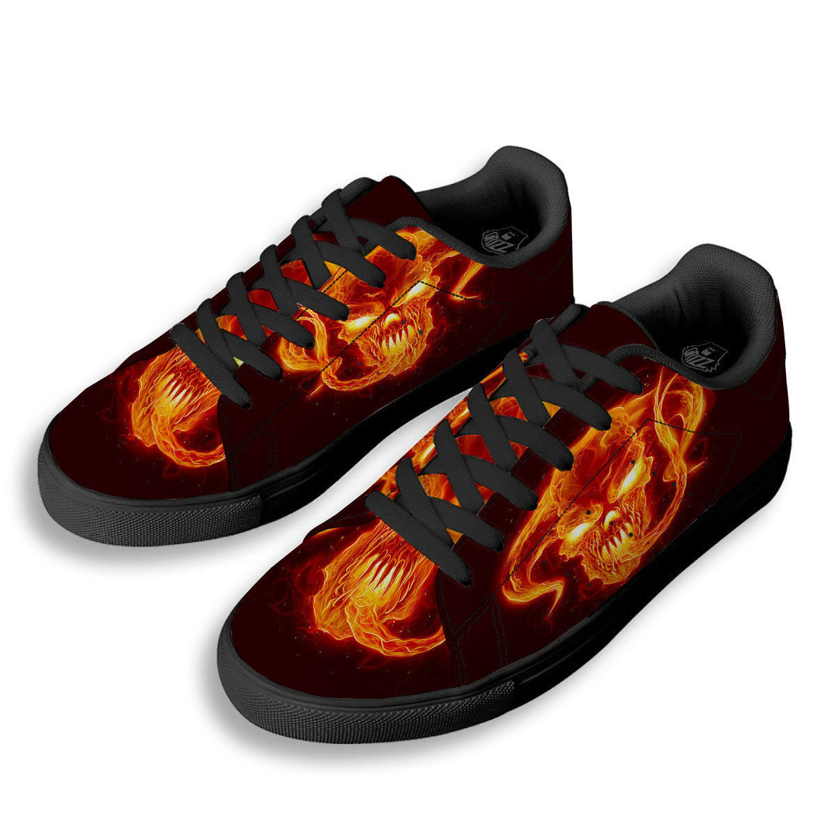 Demon Skull Flaming Print Black Low Top Sneakers-grizzshop