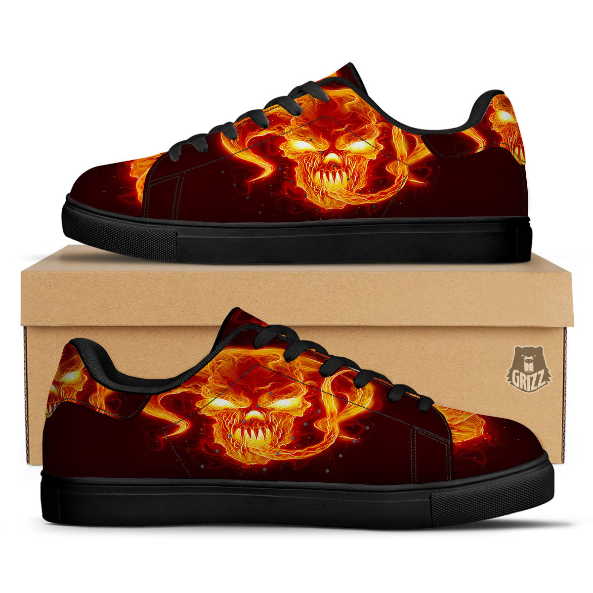 Demon Skull Flaming Print Black Low Top Sneakers-grizzshop