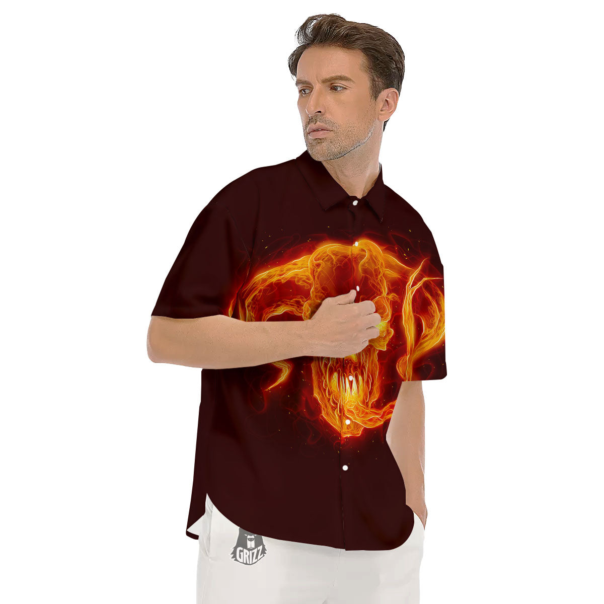 Demon Skull Flaming Print Men's Short Sleeve Shirts-grizzshop