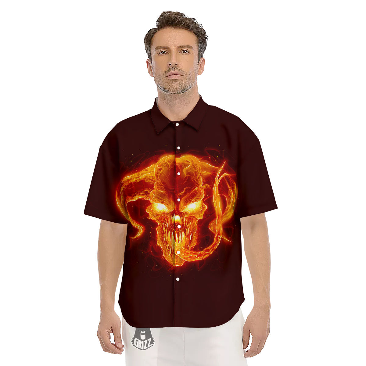 Demon Skull Flaming Print Men's Short Sleeve Shirts-grizzshop