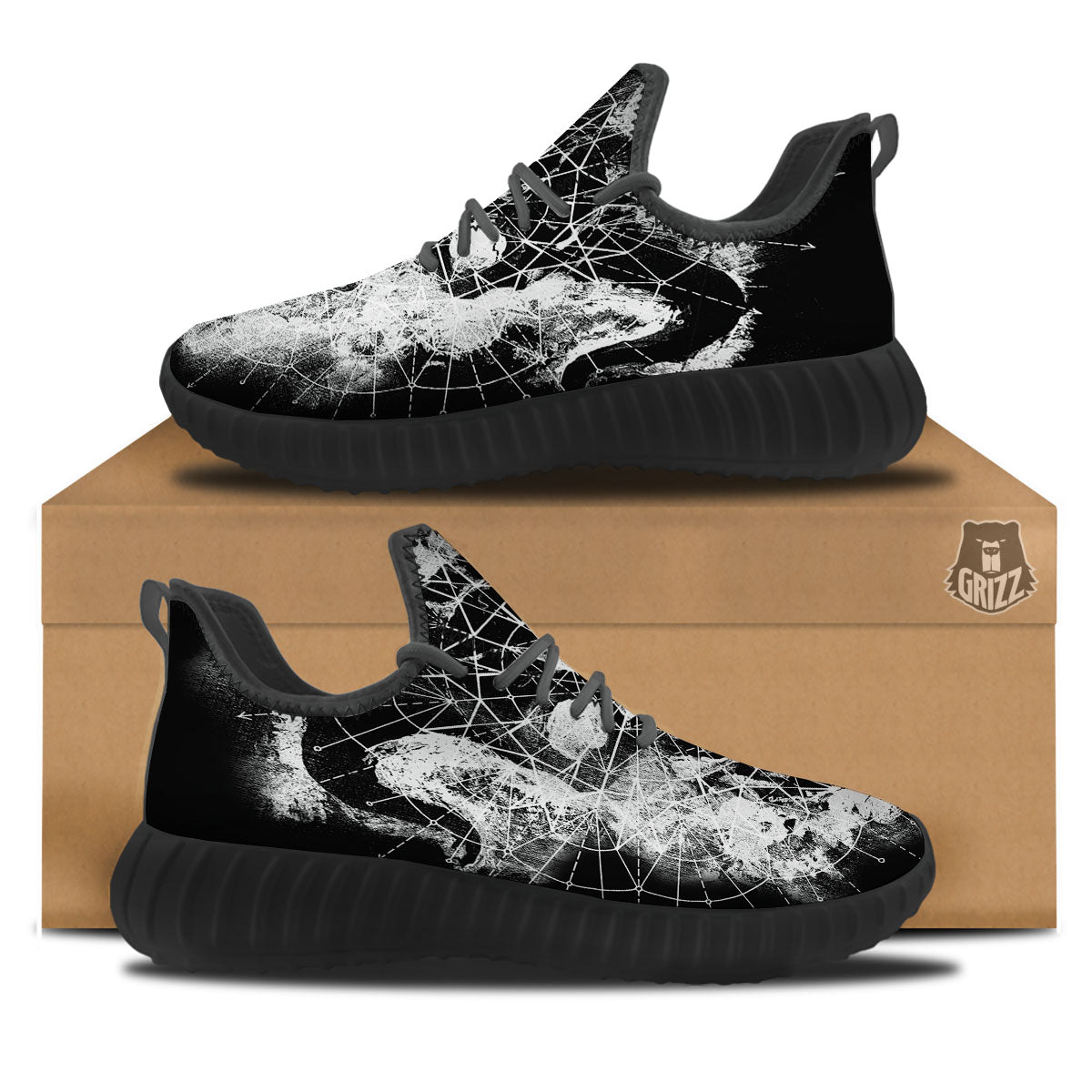 Demon Wicca White And Black Print Black Walking Shoes-grizzshop