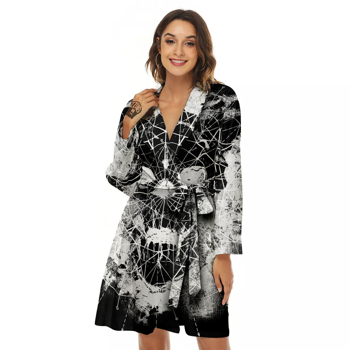 Demon Wicca White And Black Print Women's Robe-grizzshop
