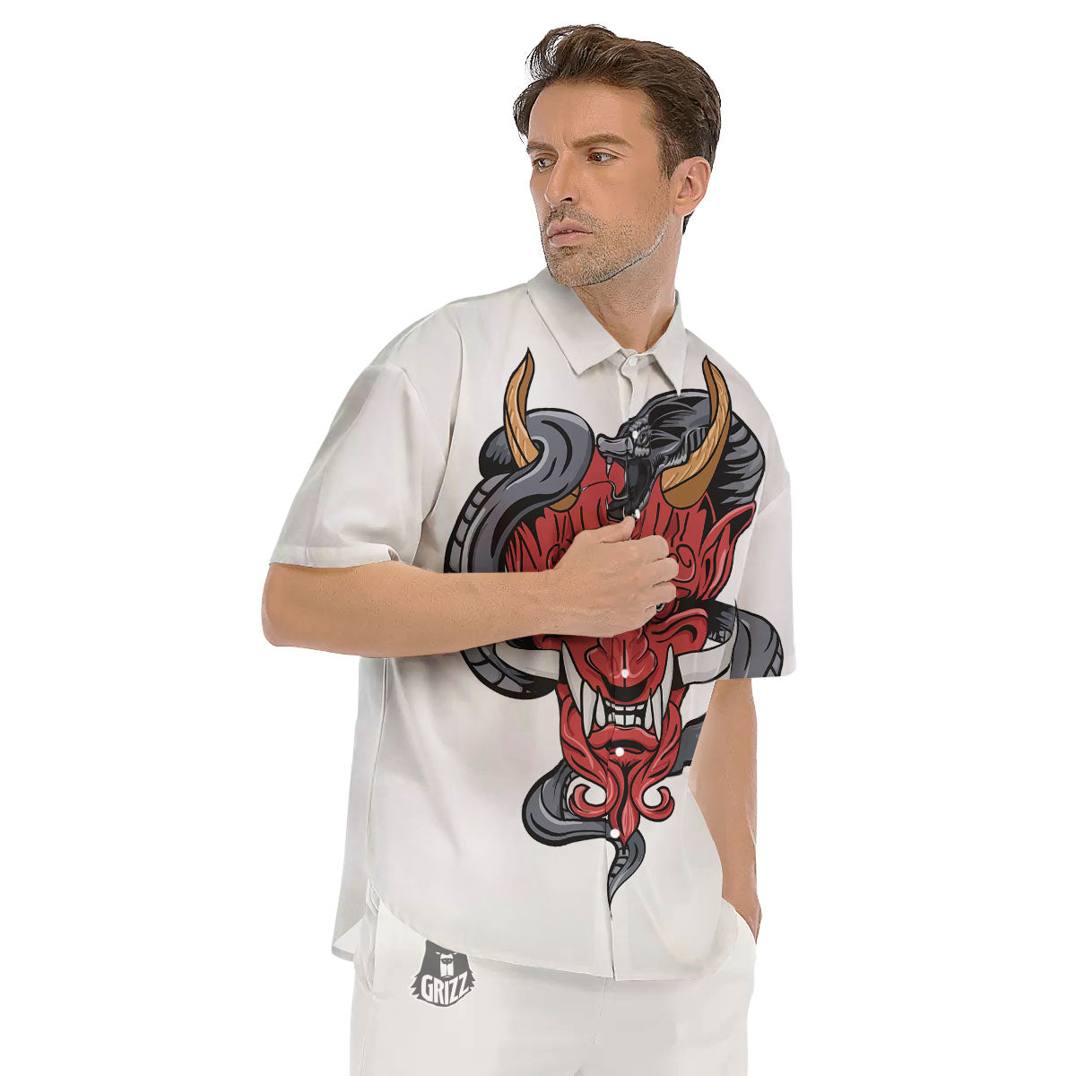 Demon With Snake Japanese Oni Print Men's Short Sleeve Shirts-grizzshop