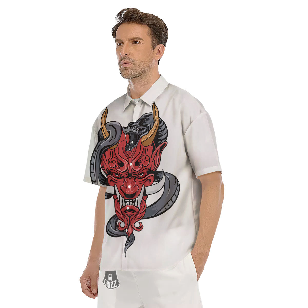 Demon With Snake Japanese Oni Print Men's Short Sleeve Shirts-grizzshop