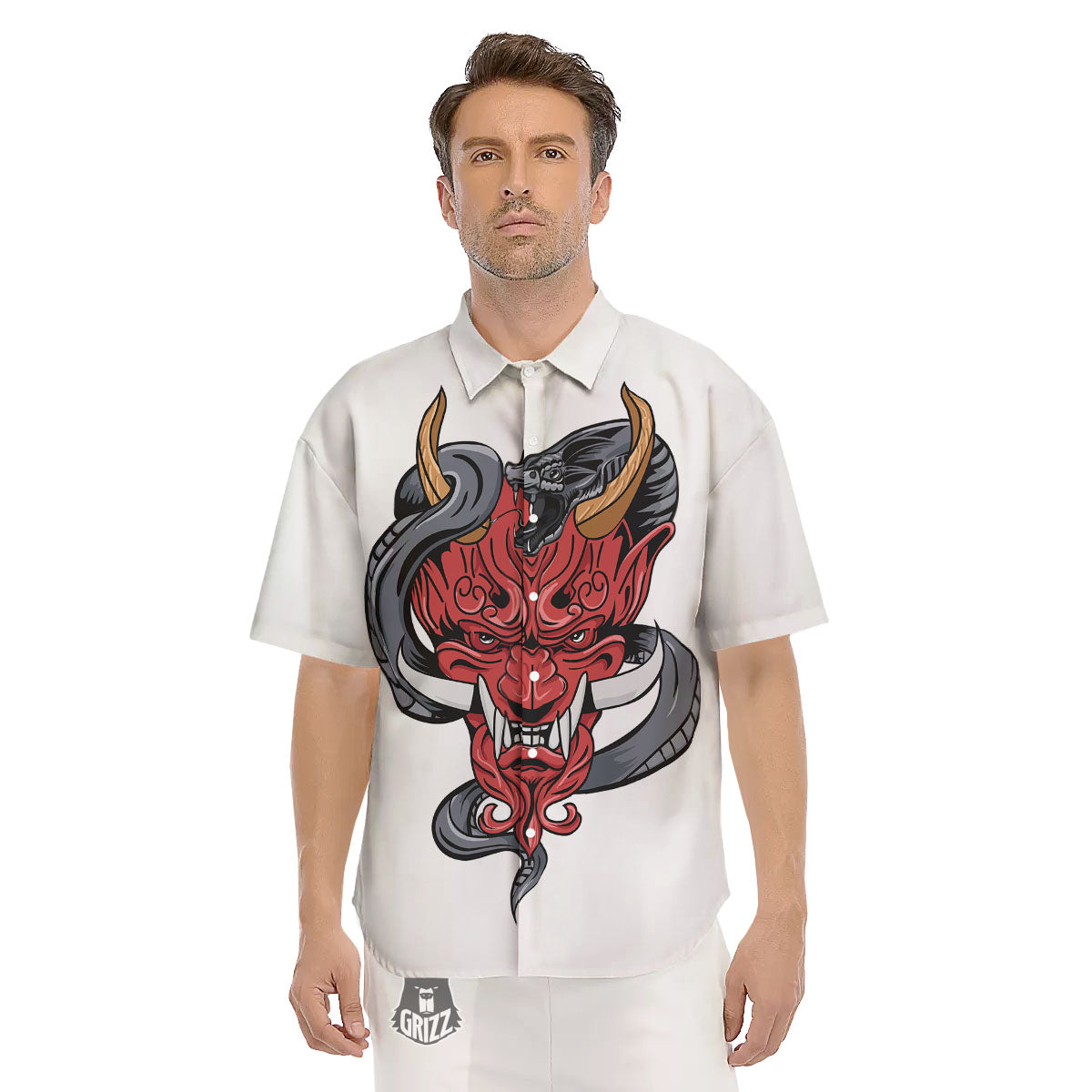 Demon With Snake Japanese Oni Print Men's Short Sleeve Shirts-grizzshop