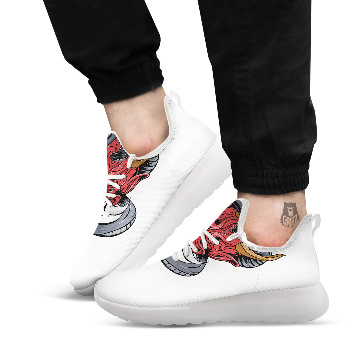 Demon With Snake Japanese Oni Print White Athletic Shoes-grizzshop