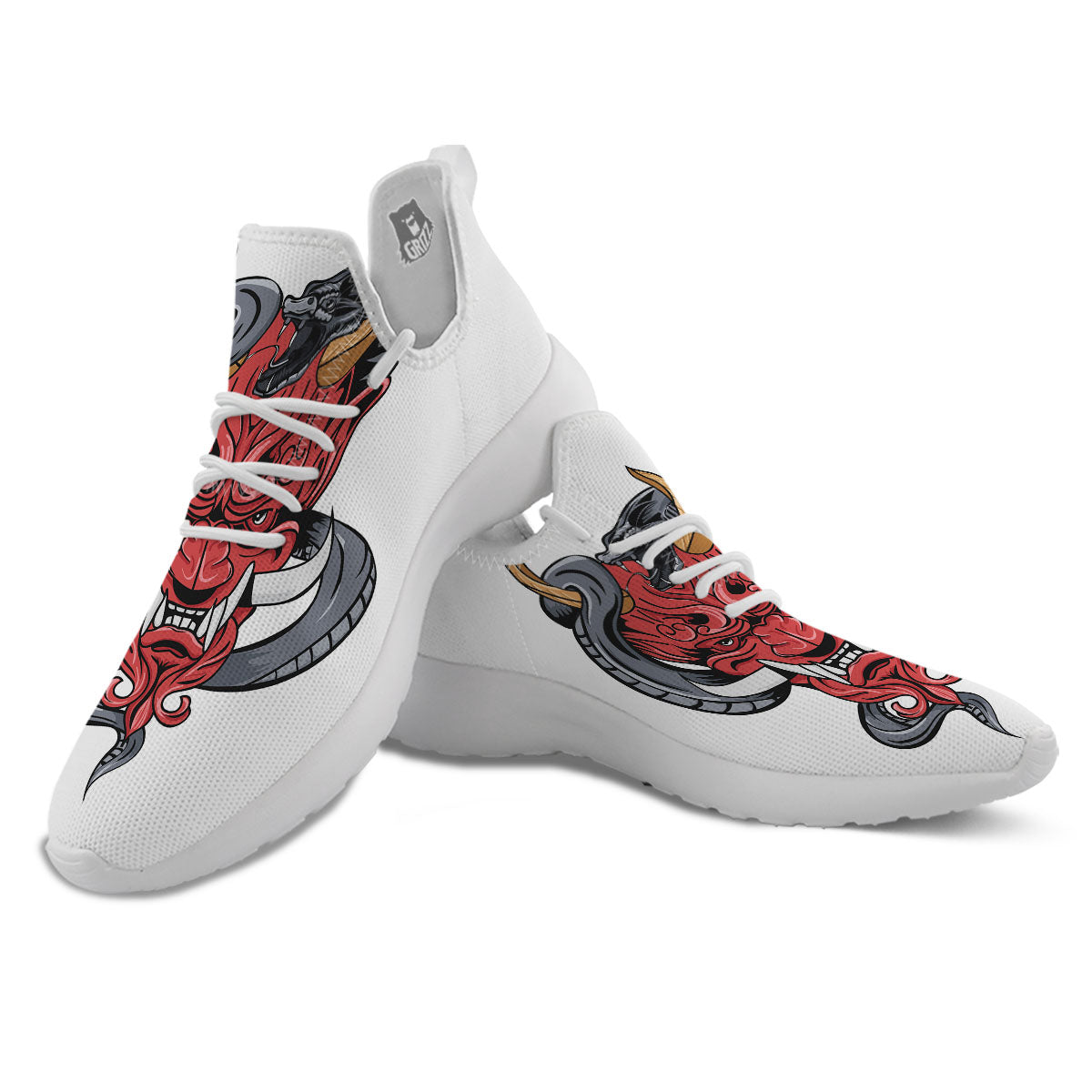 Demon With Snake Japanese Oni Print White Athletic Shoes-grizzshop