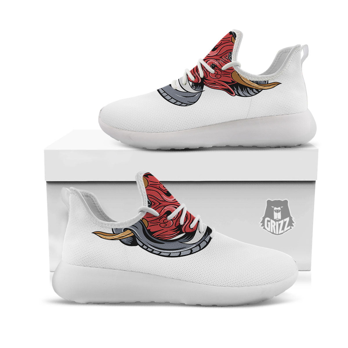 Demon With Snake Japanese Oni Print White Athletic Shoes-grizzshop