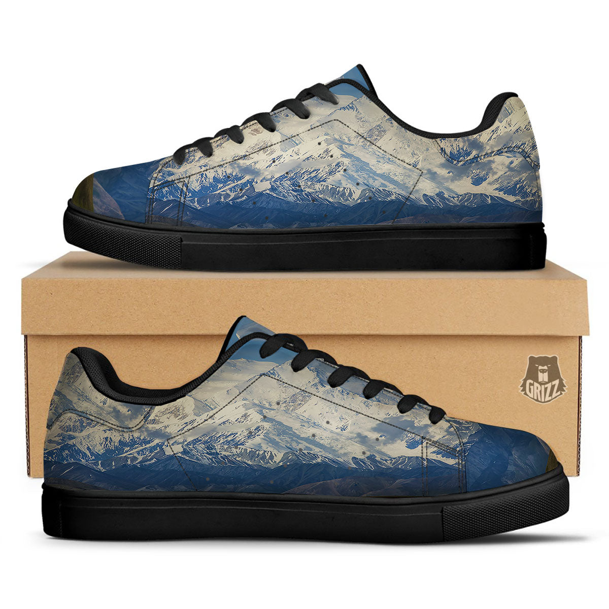 Denali Mountain Print Black Low Top Sneakers-grizzshop