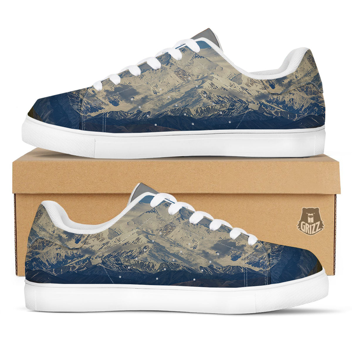 Denali Mountain Print White Low Top Sneakers-grizzshop
