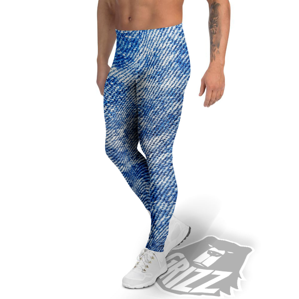 Denim Jeans Acid Wash Print Pattern Men's Leggings-grizzshop
