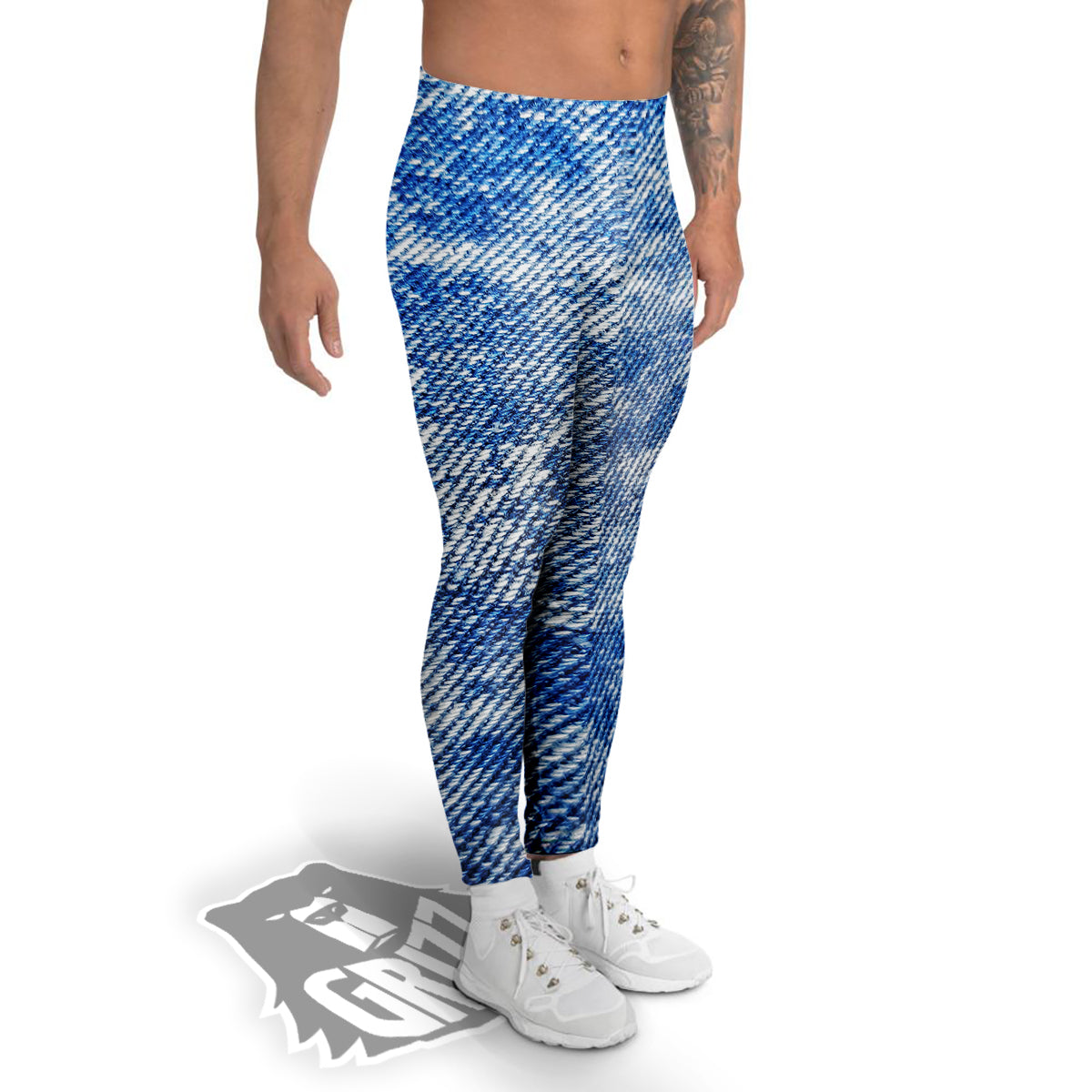 Denim Jeans Acid Wash Print Pattern Men's Leggings-grizzshop