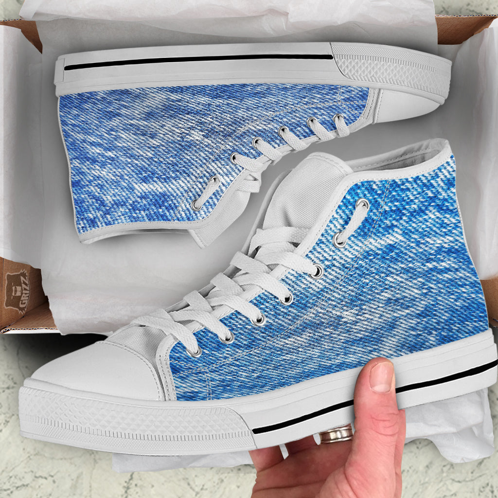 Denim Jeans Acid Wash Print Pattern White High Top Shoes-grizzshop
