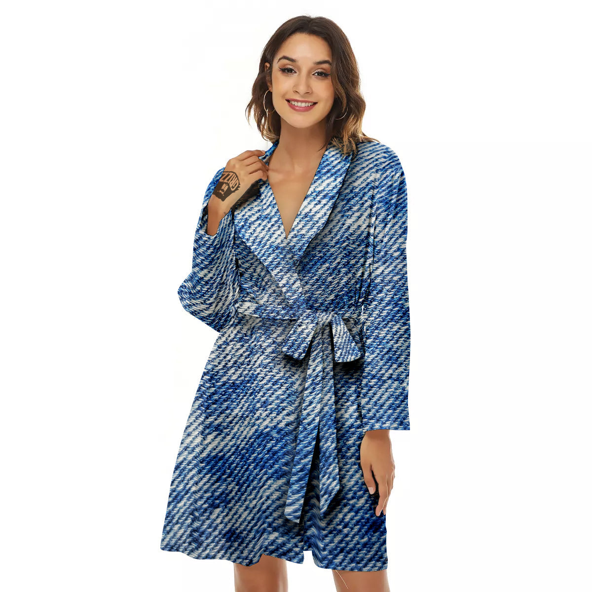 Denim Jeans Acid Wash Print Pattern Women's Robe-grizzshop