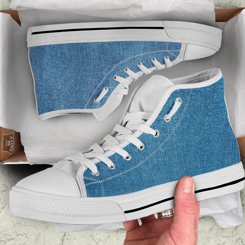 Denim Jeans Classic Blue Print White High Top Shoes-grizzshop