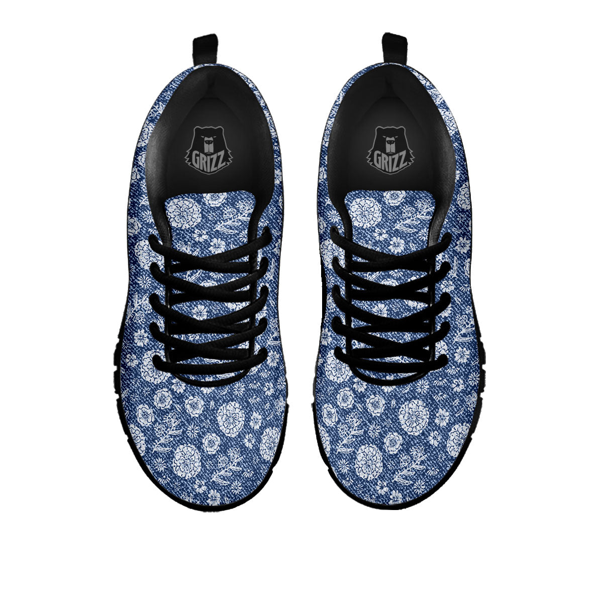 Denim Jeans Flower Print Pattern Black Sneaker-grizzshop