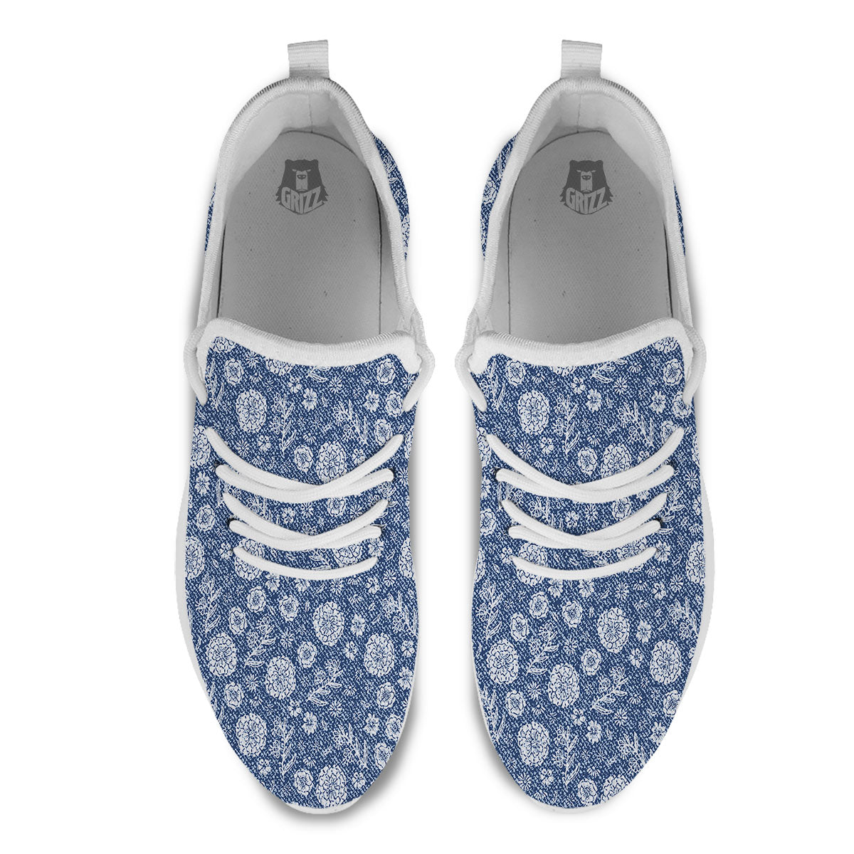 Denim Jeans Flower Print Pattern White Athletic Shoes-grizzshop