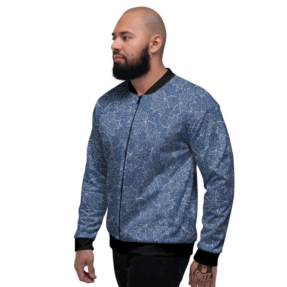 Denim Jeans Maple Leaf Print Pattern Men's Bomber Jacket-grizzshop