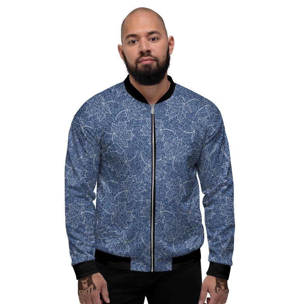 Denim Jeans Maple Leaf Print Pattern Men's Bomber Jacket-grizzshop