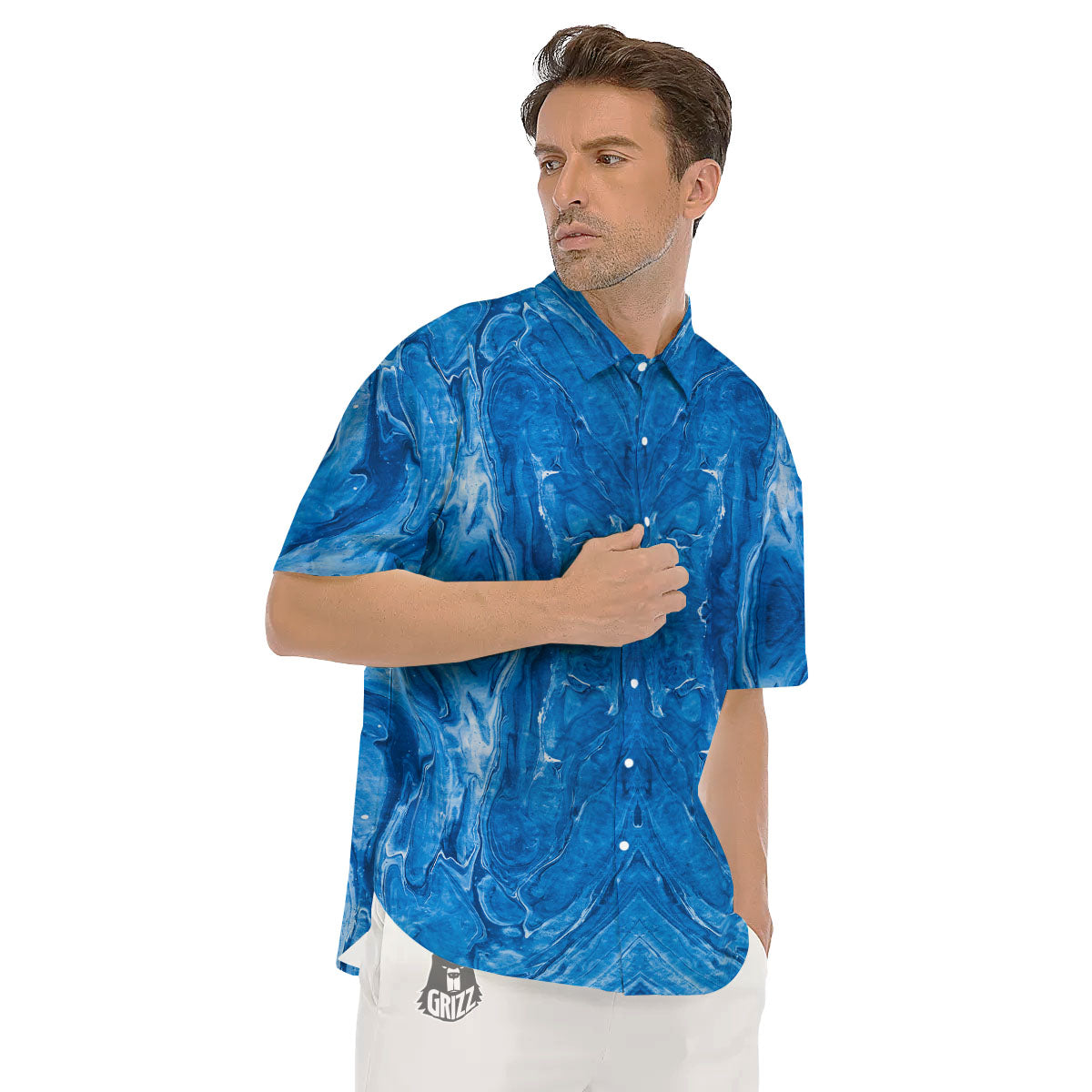 Denim Jeans Marble Print Pattern Men's Short Sleeve Shirts-grizzshop