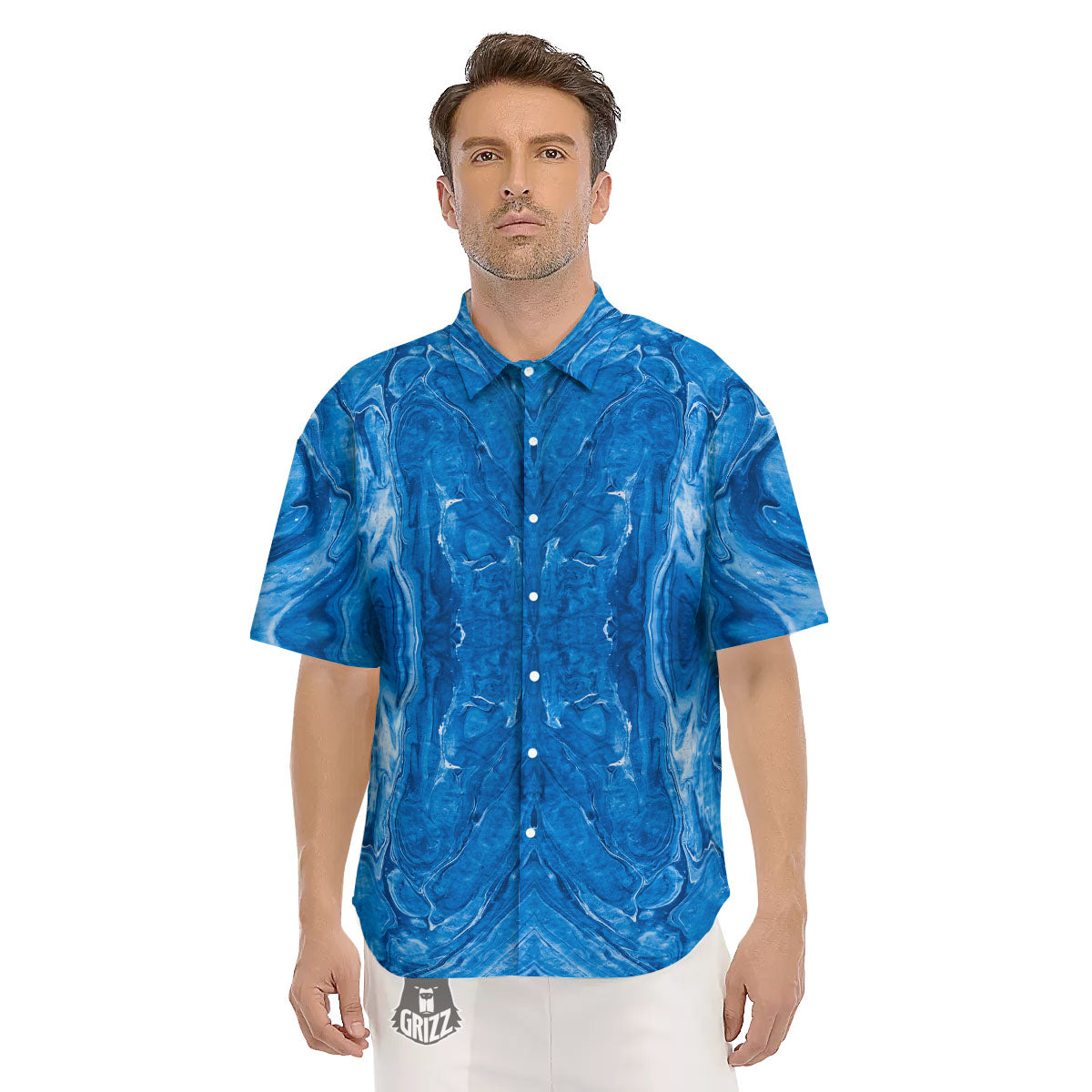 Denim Jeans Marble Print Pattern Men's Short Sleeve Shirts-grizzshop