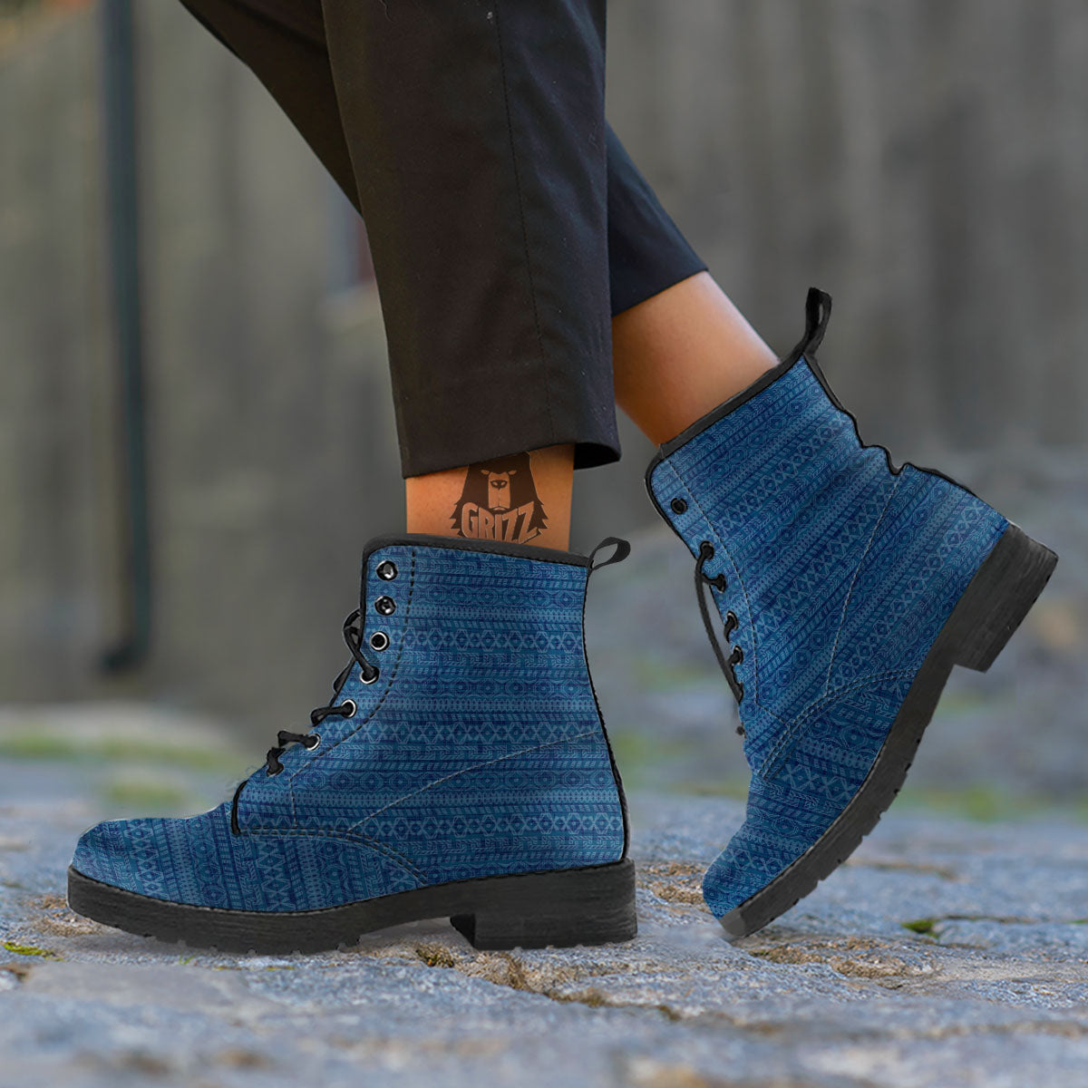 Denim Jeans Native Print Pattern Leather Boots-grizzshop