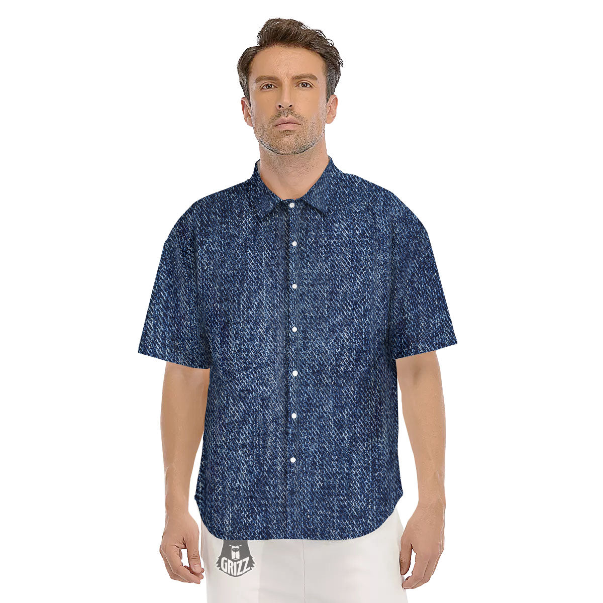 Denim Jeans Navy Blue Print Men's Short Sleeve Shirts-grizzshop