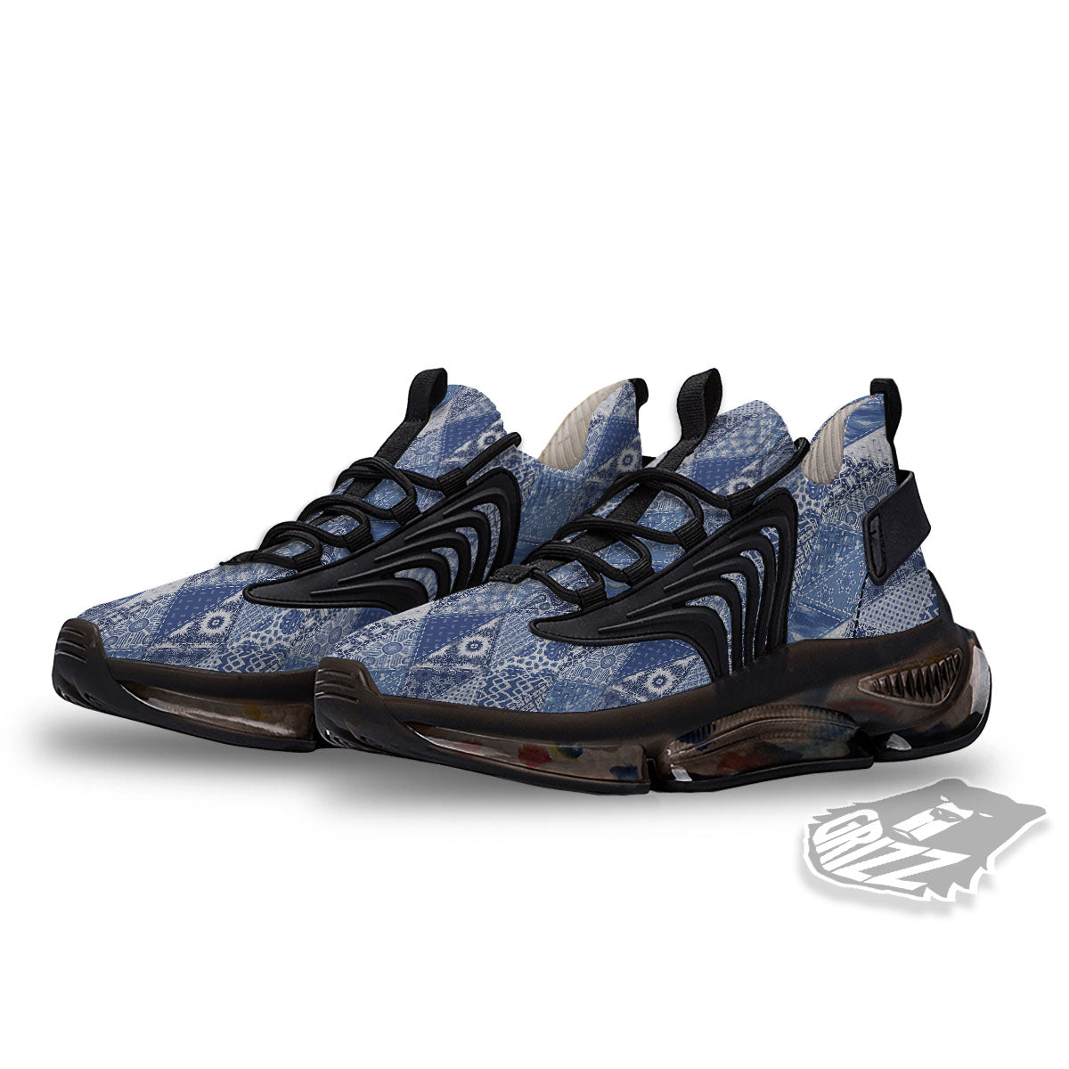 Denim Jeans Patchwork Print Pattern Black Gym Shoes-grizzshop
