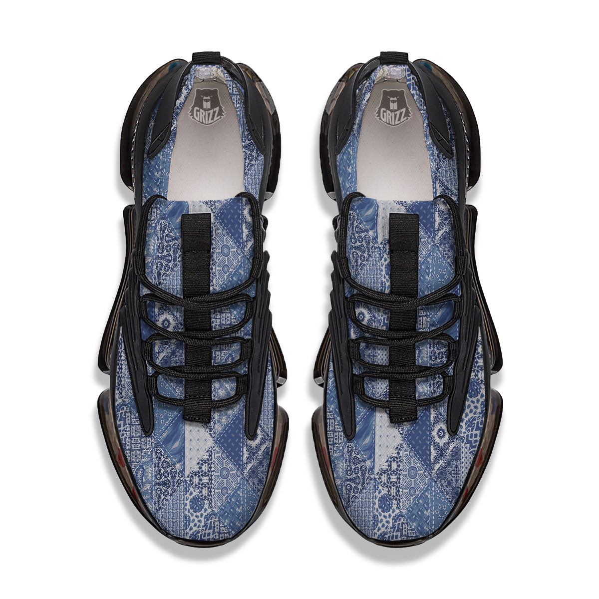 Denim Jeans Patchwork Print Pattern Black Gym Shoes-grizzshop