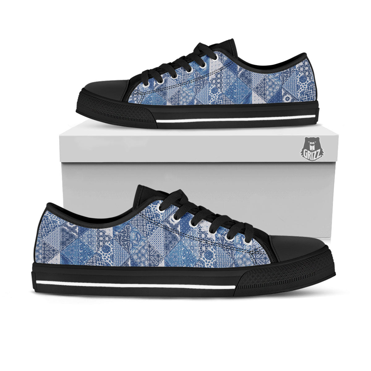 Denim Jeans Patchwork Print Pattern Black Low Top Shoes-grizzshop