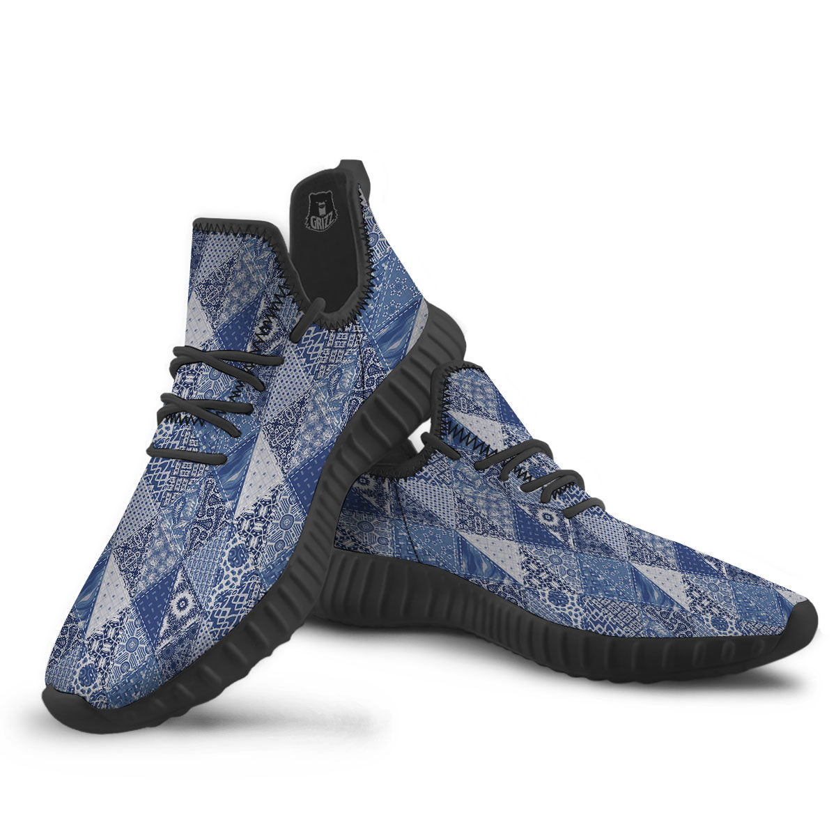 Denim Jeans Patchwork Print Pattern Black Walking Shoes-grizzshop