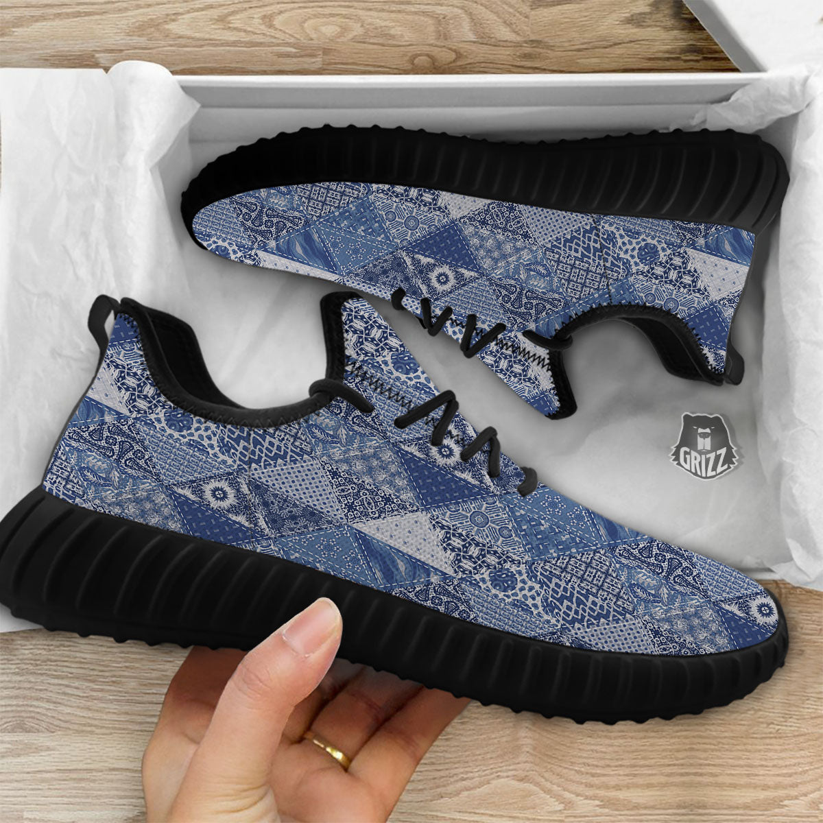 Denim Jeans Patchwork Print Pattern Black Walking Shoes-grizzshop
