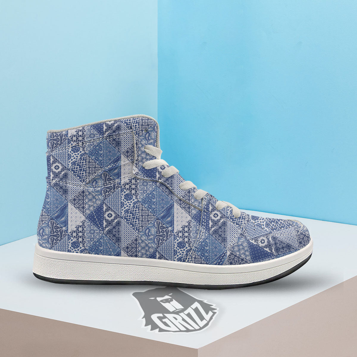 Denim Jeans Patchwork Print Pattern High Top Sneakers-grizzshop