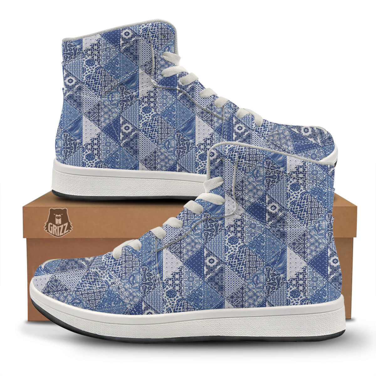 Denim Jeans Patchwork Print Pattern High Top Sneakers-grizzshop