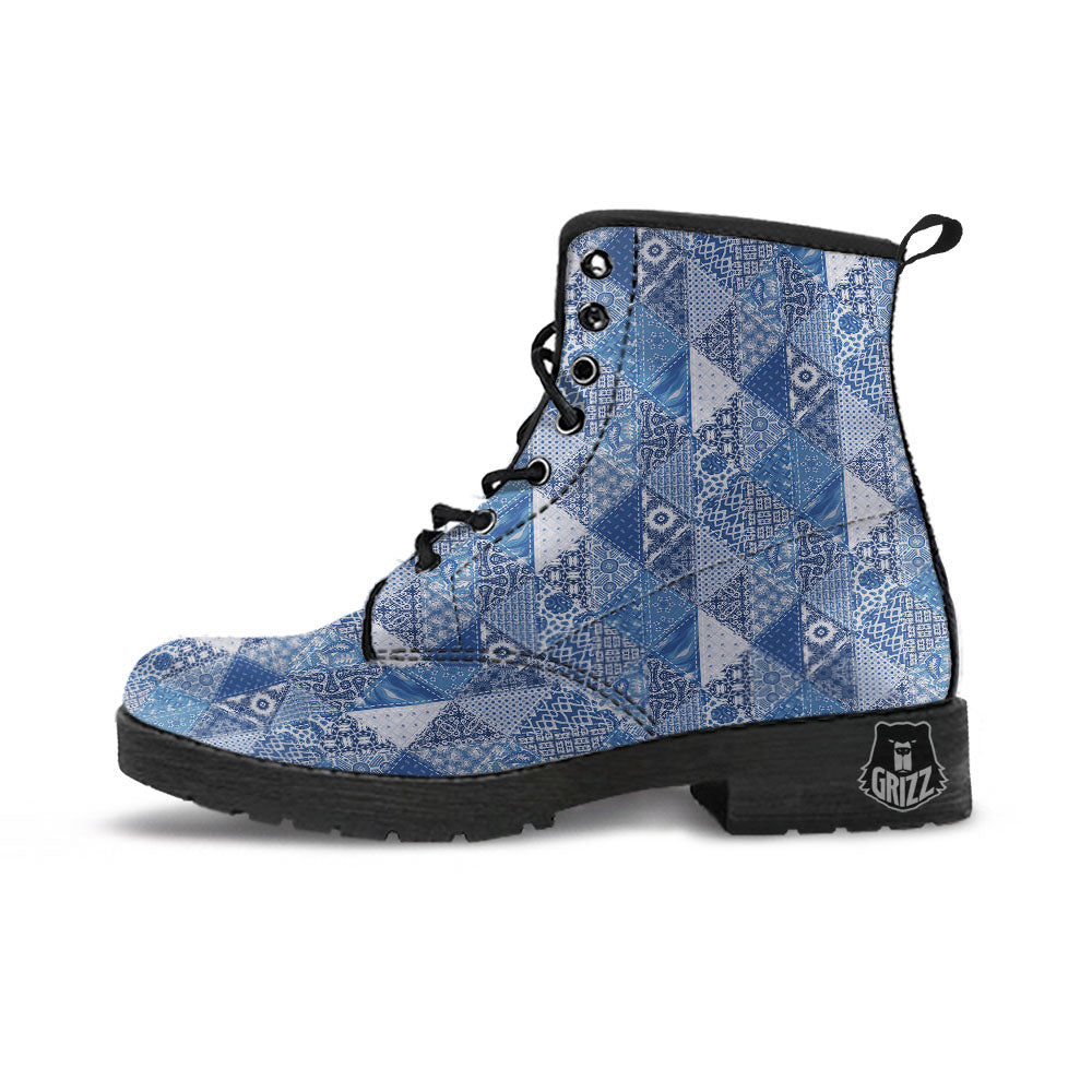 Denim Jeans Patchwork Print Pattern Leather Boots-grizzshop