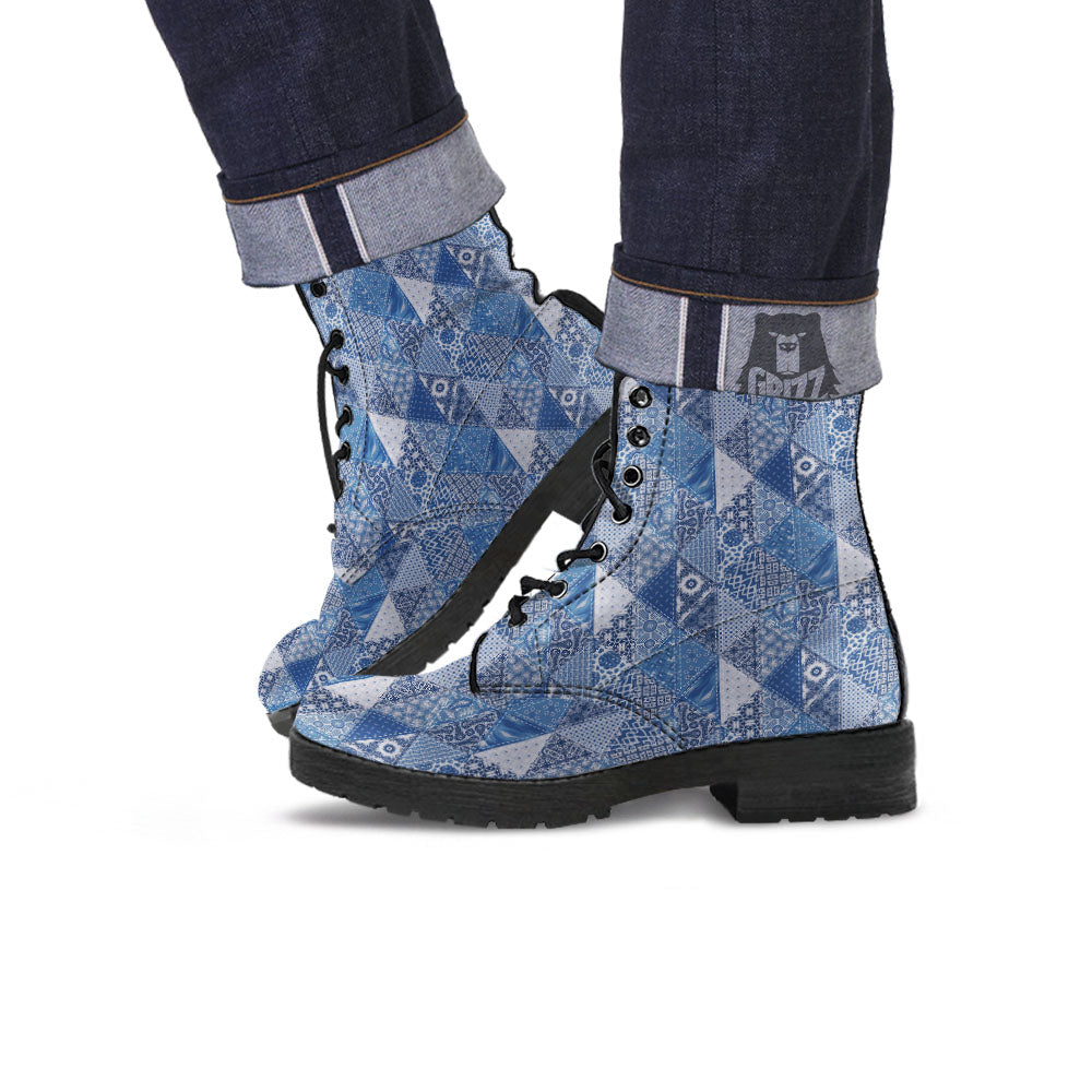 Denim Jeans Patchwork Print Pattern Leather Boots-grizzshop