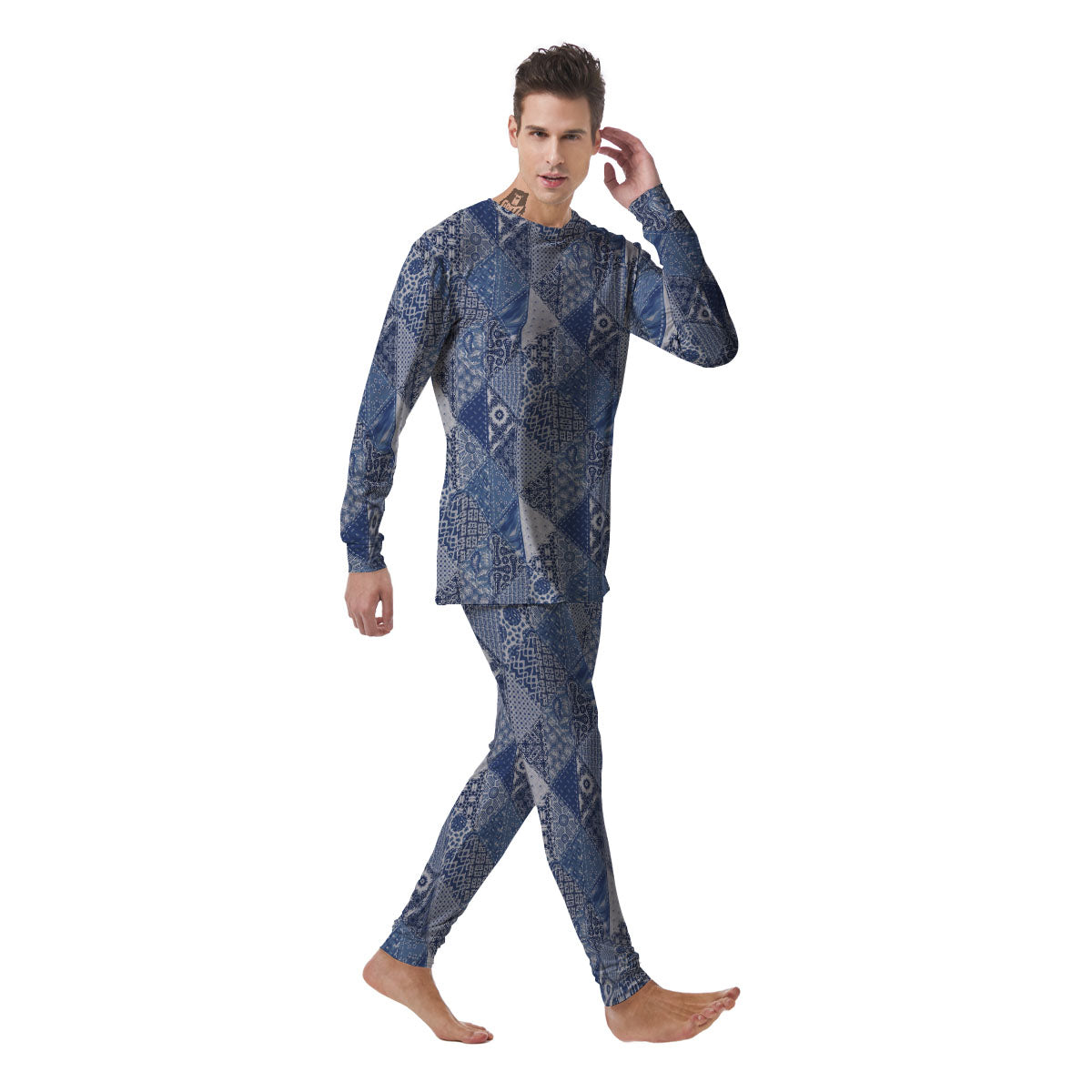 Denim Jeans Patchwork Print Pattern Men's Pajamas-grizzshop